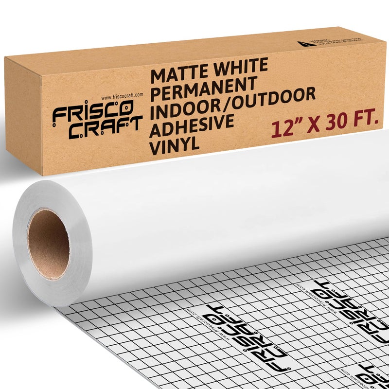 Frisco Craft لفة فينيل دائمة بيضاء غير لامعة من فريسكو - فينيل خارجي دائم، مقاوم للماء والطقس مع دعم سيليكوني - لاصق أبيض (12" × 30 قدم) - Image 1